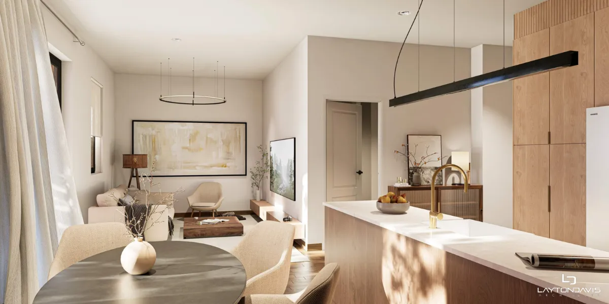 Another computer generated rendering of The Frontier unfinished interior showing potential window placement and natural light