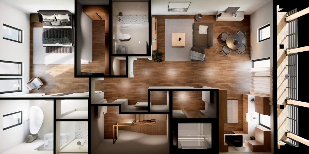 The Hideout 1-bedroom floor plan render — top floor with bedroom, full bath, kitchen, and living room at Mountain View Commons in Heber City Utah