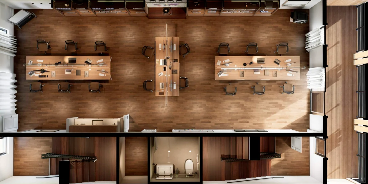 The Mercantile commercial floor plan render — level 2 open retail and showroom floor with merchandise displays, workstations, and half bath at Mountain View Commons in Heber City Utah