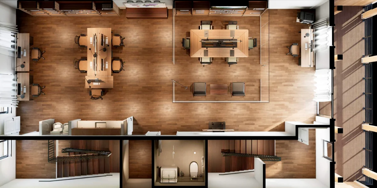 The Mercantile commercial floor plan — level 3 professional office space with conference table, private glass office, workstations, half bath, and stair core at Mountain View Commons