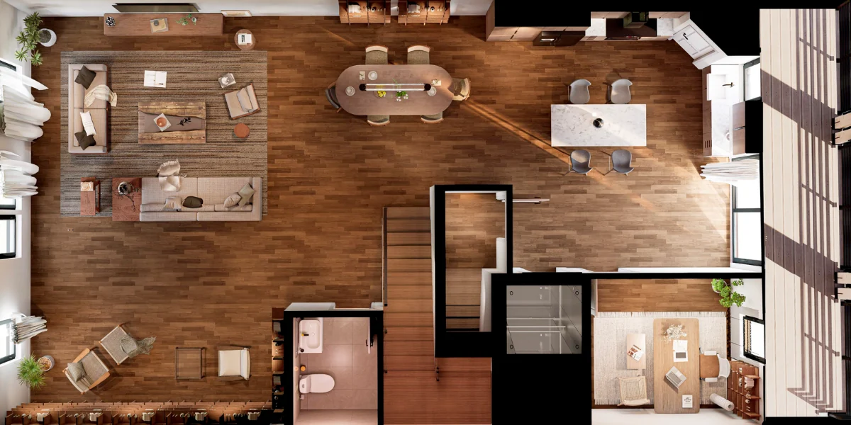 The Outlaw 3-bedroom floor plan — level 2 great room with open kitchen, dining, living room, half bath, and home office at Mountain View Commons
