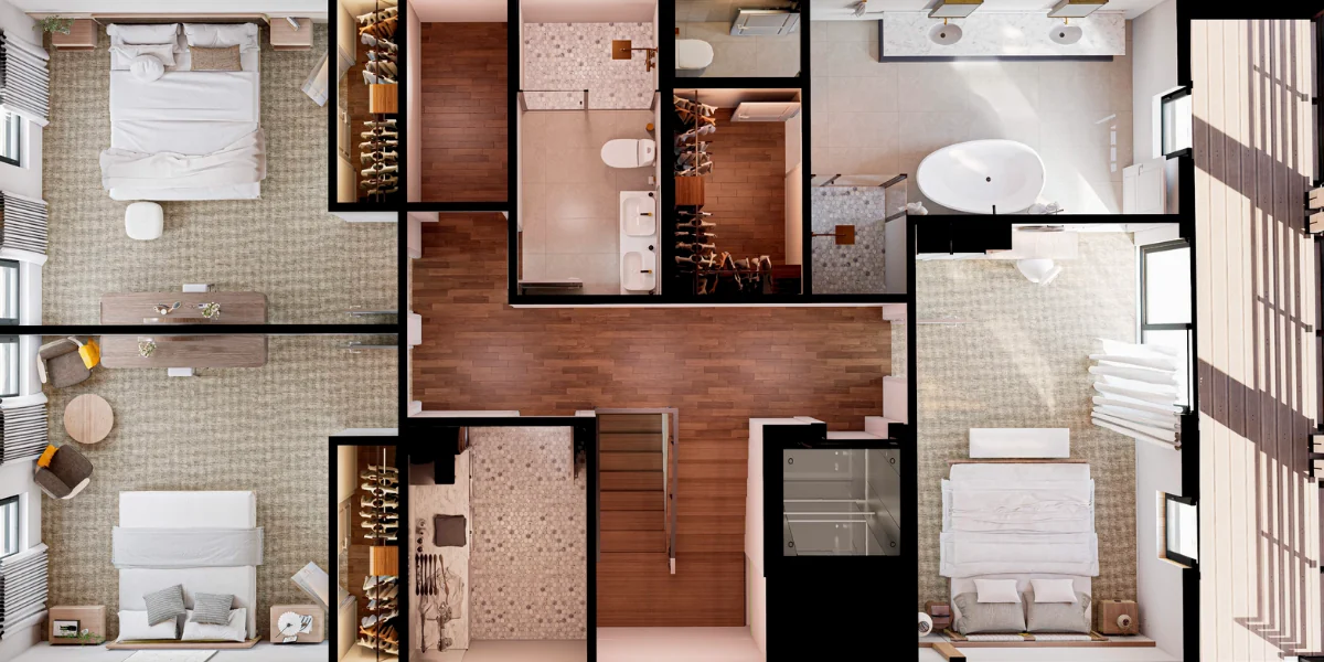 The Outlaw 3-bedroom floor plan — level 3 primary suite with walk-in closet, two secondary bedrooms, and two full baths at Mountain View Commons